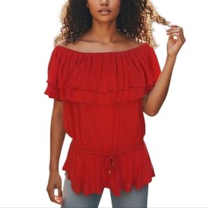 *NWT* Ralph Lauren Chic Red Off-Shoulder Linen-Blend Jersey Women's Top Size M